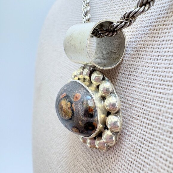 VTG Sterling Silver 925 Leopard Jasper Bezel Set Pendant Necklace 24" Length - Picture 3 of 15